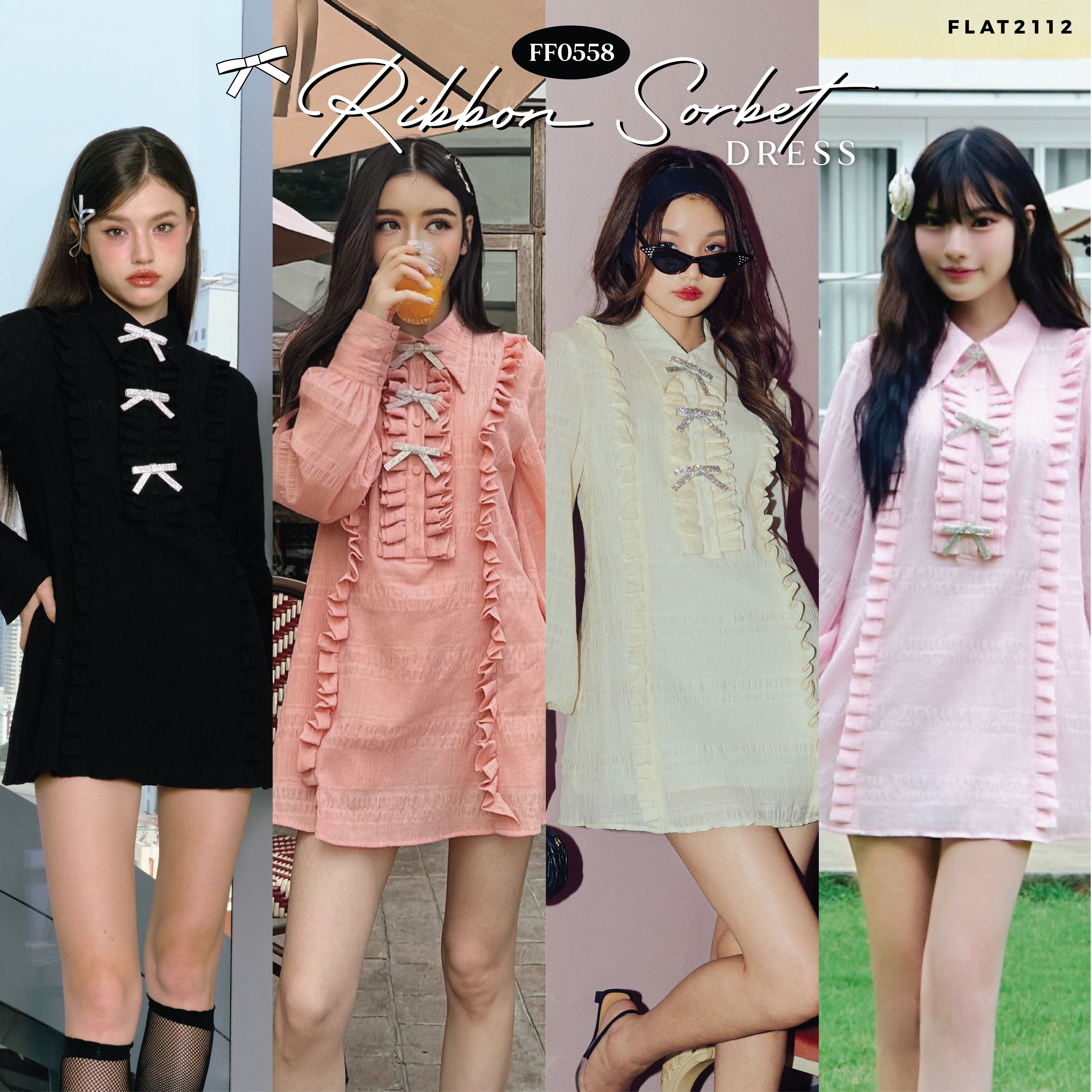 FLAT2112 FF0558 : RIBBON SORBET DRESS เดรสสั้น เดรส 2 ชั้น ชุดทำงาน ชุดออกงาน แฟชั่นผู้หญิง