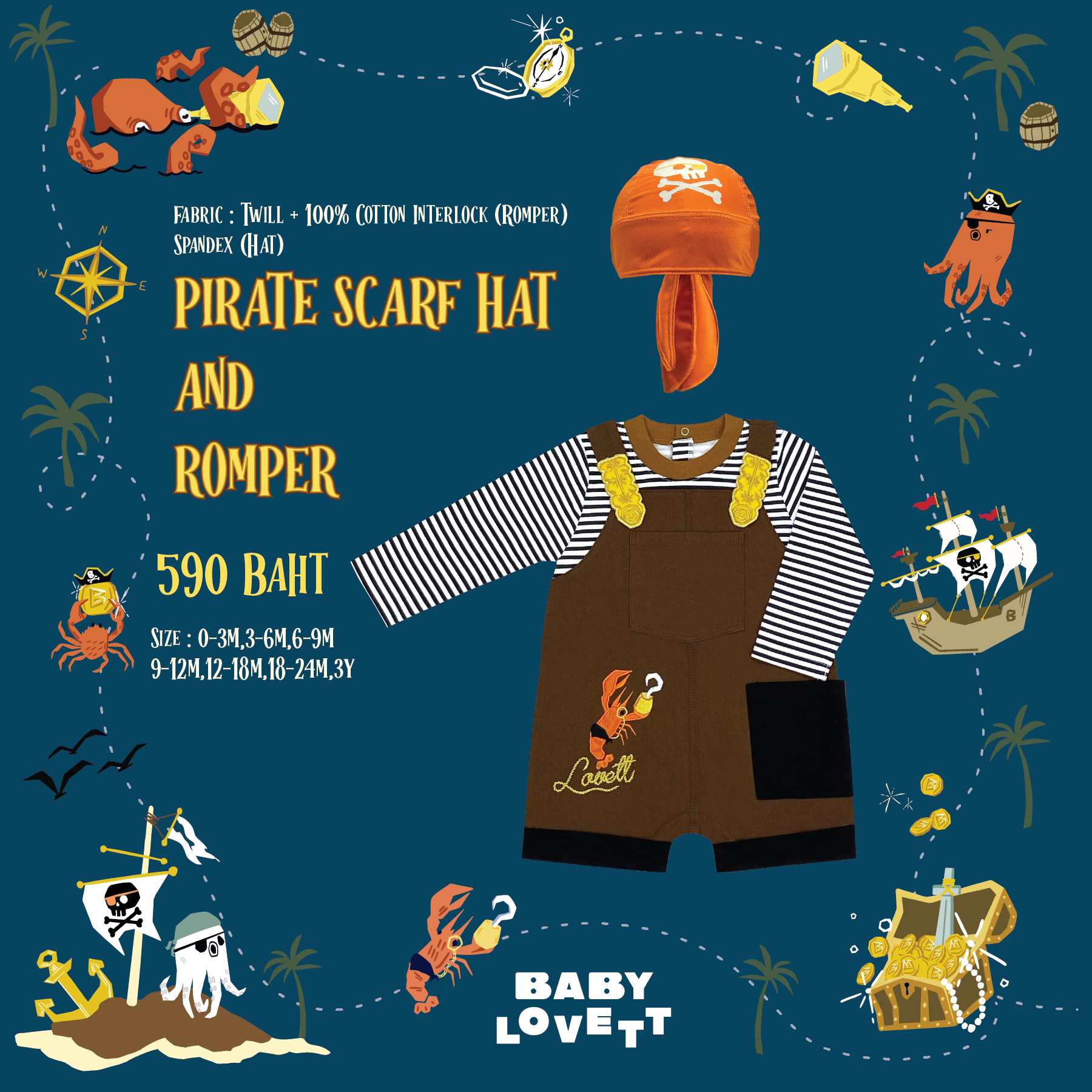 08 ชุดโจรสลัด Pirate Halloween - Romper and Pirate Scarf Hat