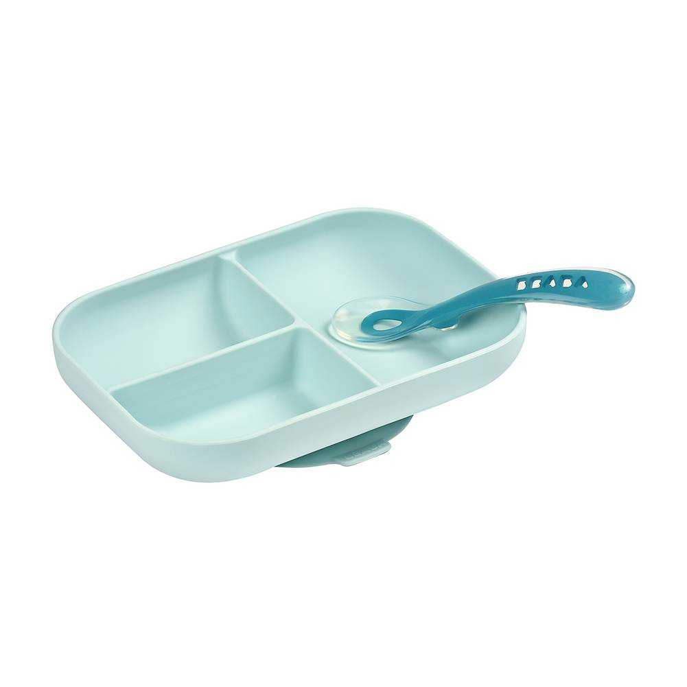 จานซิลิโคนก้นดูดแบ่งช่องพร้อมช้อนซิลิโคน Silicone suction divided plate with spoon- Blue