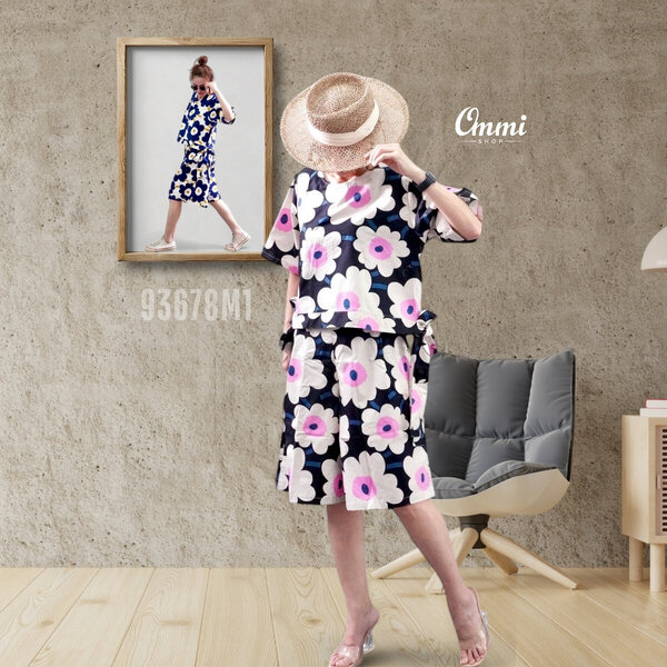 Ommishop 93678M1 ชุดเซ็ท เสื้อคอกลม กางเกงขาสั้น ลายดอก Mari มารีเมกโกะ Cotton Japan 100% (Bonus)...