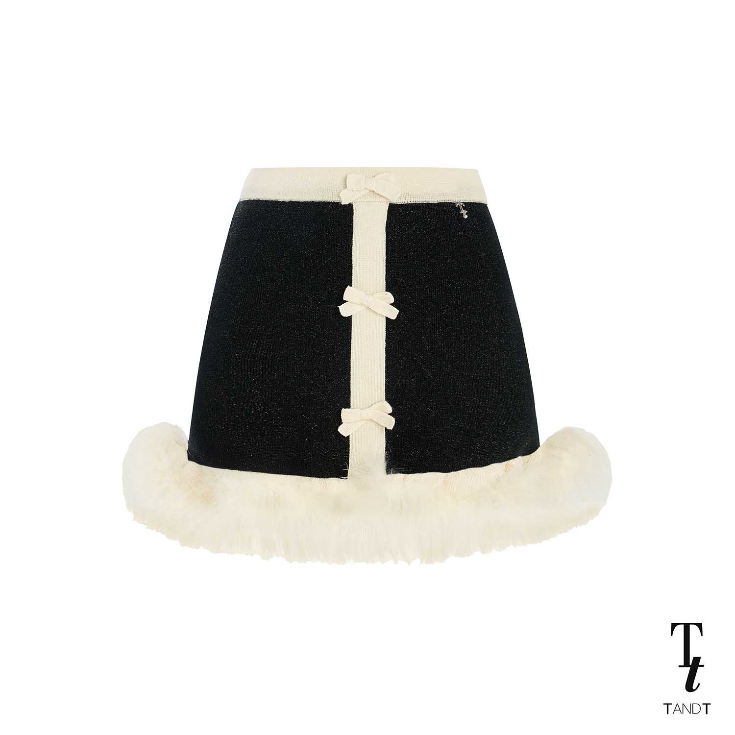 TandT - PALOMA BLACK AND WHITE SKIRT - TWO-TONE BOW AND FEATHER TRIMMED BODYCON KNITTED MINI SKIRT