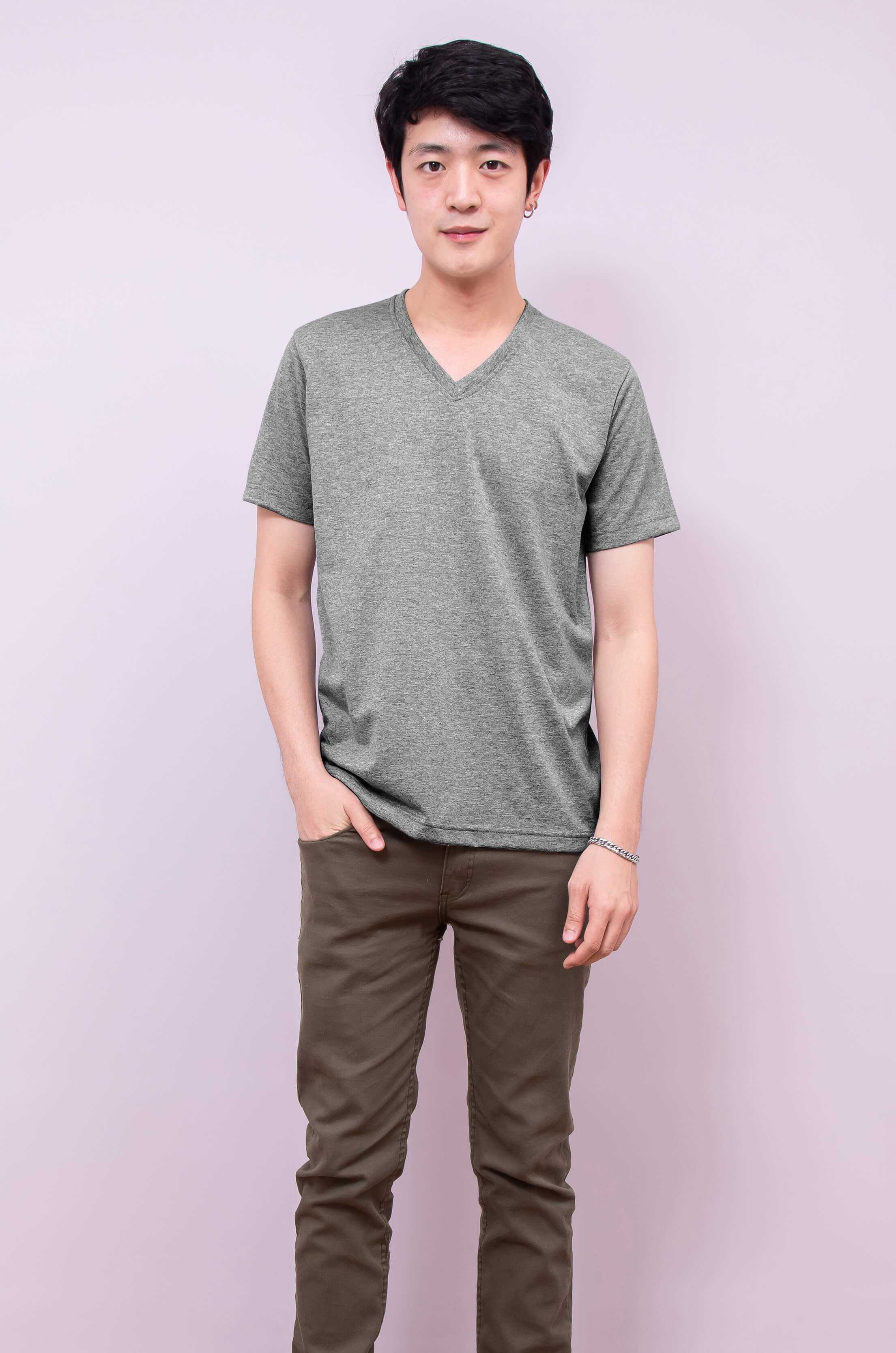 Noproblem ยอดขาย No.1 รับประกัน ไม่ย้วย ไม่ยืด ผ้านุ่ม เสื้อยืด สีพื้น เสื้อยืดคอวี  สีท็อปดราย