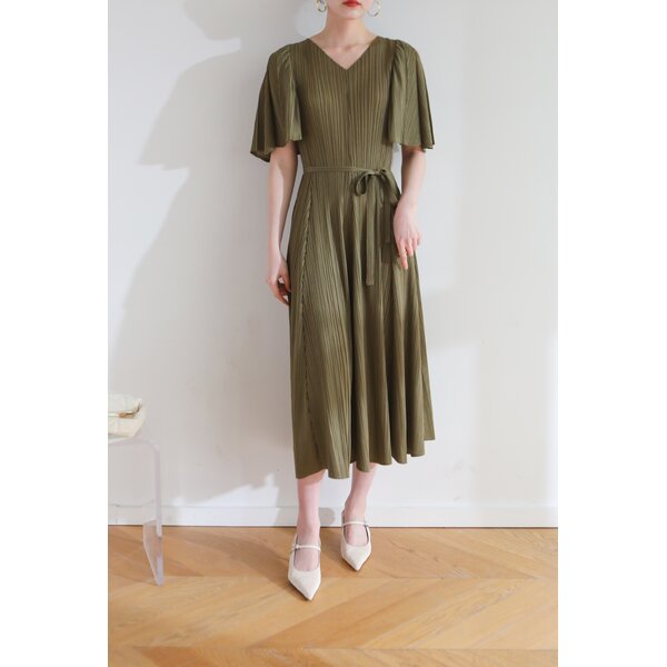 2MUAY รุ่น GJO3653 เดรสผู้หญิง เดรสพลีทคุณภาพ 10สี FREE SIZE V NECK FLARE SLEEVE PLEATED DRESS