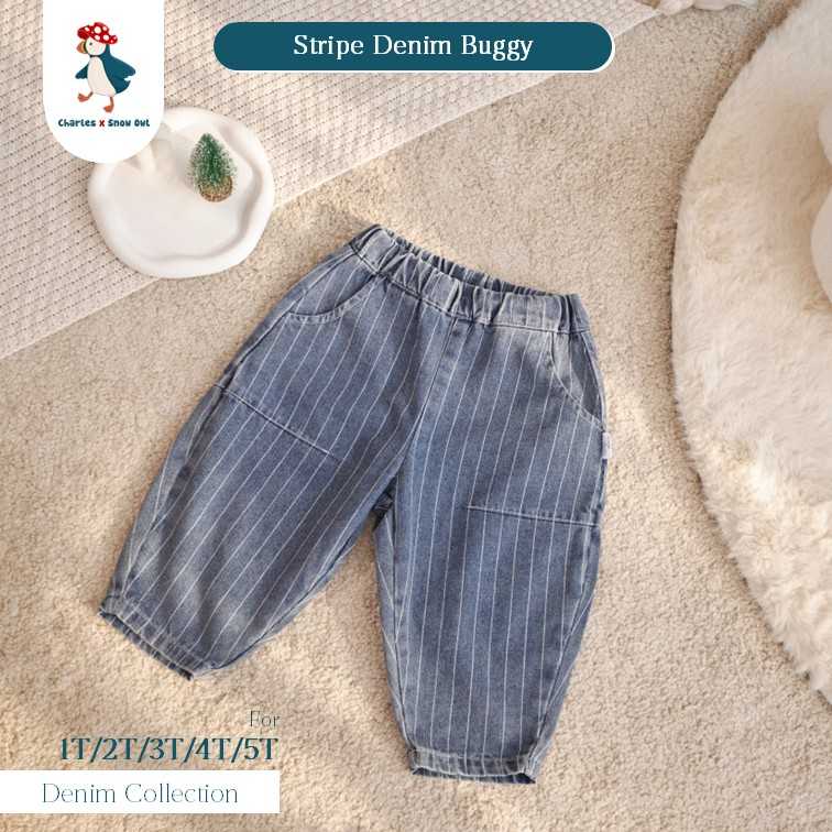 Charles x Snow Owl กางเกงยีนส์ ลายริ้วสำหรับเด็ก Stripe Denim Buggy