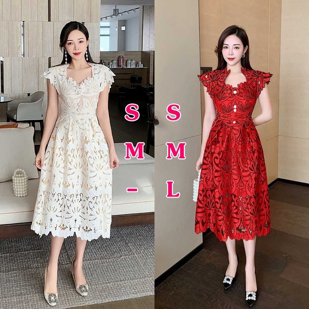 1927Showroomเดรสเสื้อคอเหลี่ยมแขนในตัว กระโปรงบานจีบเล็กทรงเอ