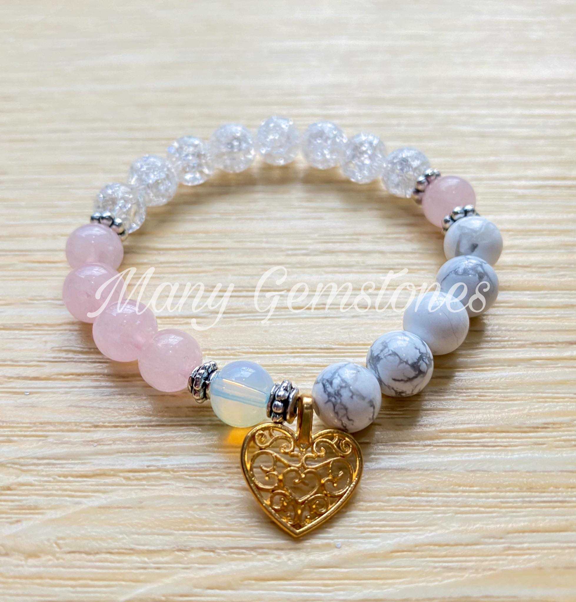 กำไลหินมงคล สร้อยข้อมือหินมงคล Ice Crystal + Howlite + Moonstones + Rose Quarts