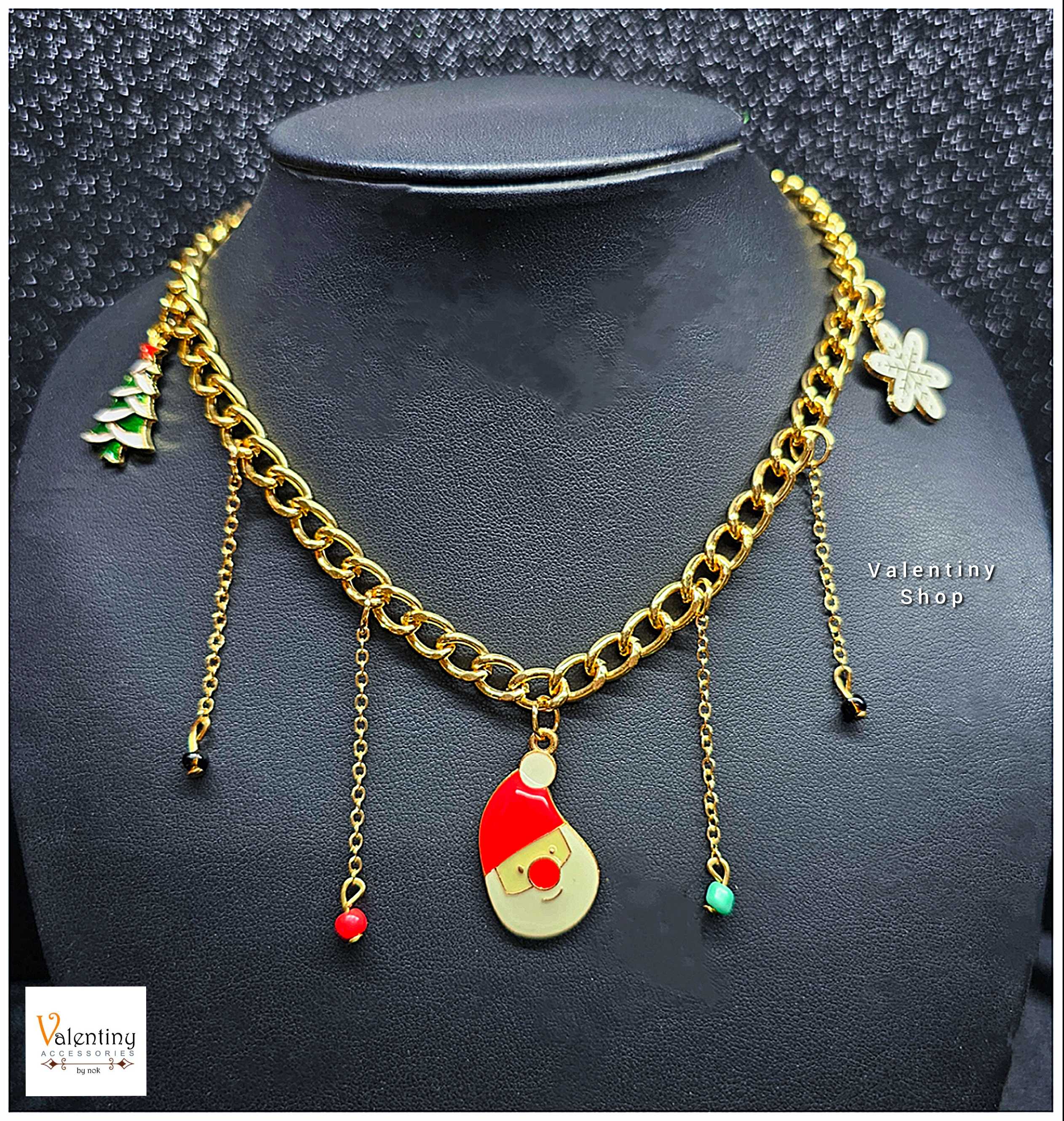 ERN098 สร้อยคอ คลอเล็กชั่นคริสต์มาส งานสร้อยสีทองเลสห้อยสร้อยยาวระย้าติดลูกปัดตรงกลางห้อยจี้ซานต้า