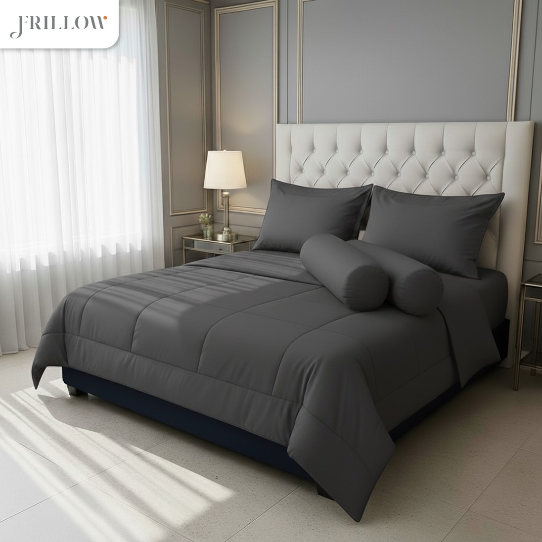 Frillow Essential ชุดเครื่องนอนไมโครไฟเบอร์ สี Dark Grey – พร้อมผ้านวม (3.5/5/6 ฟุต)