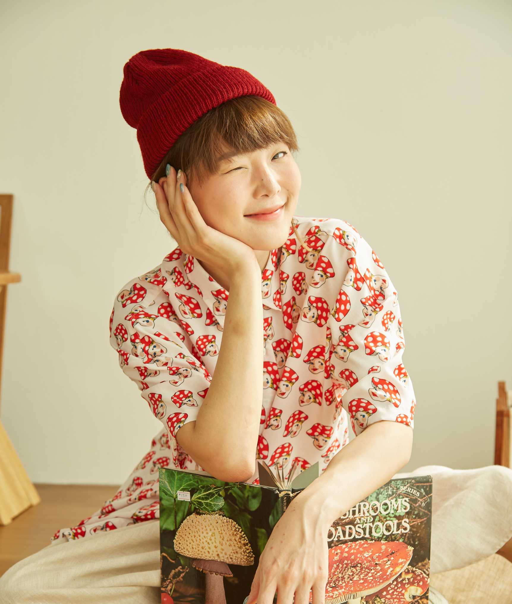 เสื้อเชิ๊ตโอเวอร์ไซส์แขนสั้น ลายเห็ด