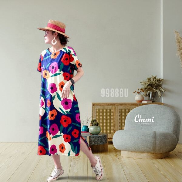 Ommishop 99888U ชุดเดรสแฟชั่น คอกลม แต่งผ่าข้าง ดอกอุเมะ แต่งผ่าข้าง Cotton Japan 100% (Bonus)[99...