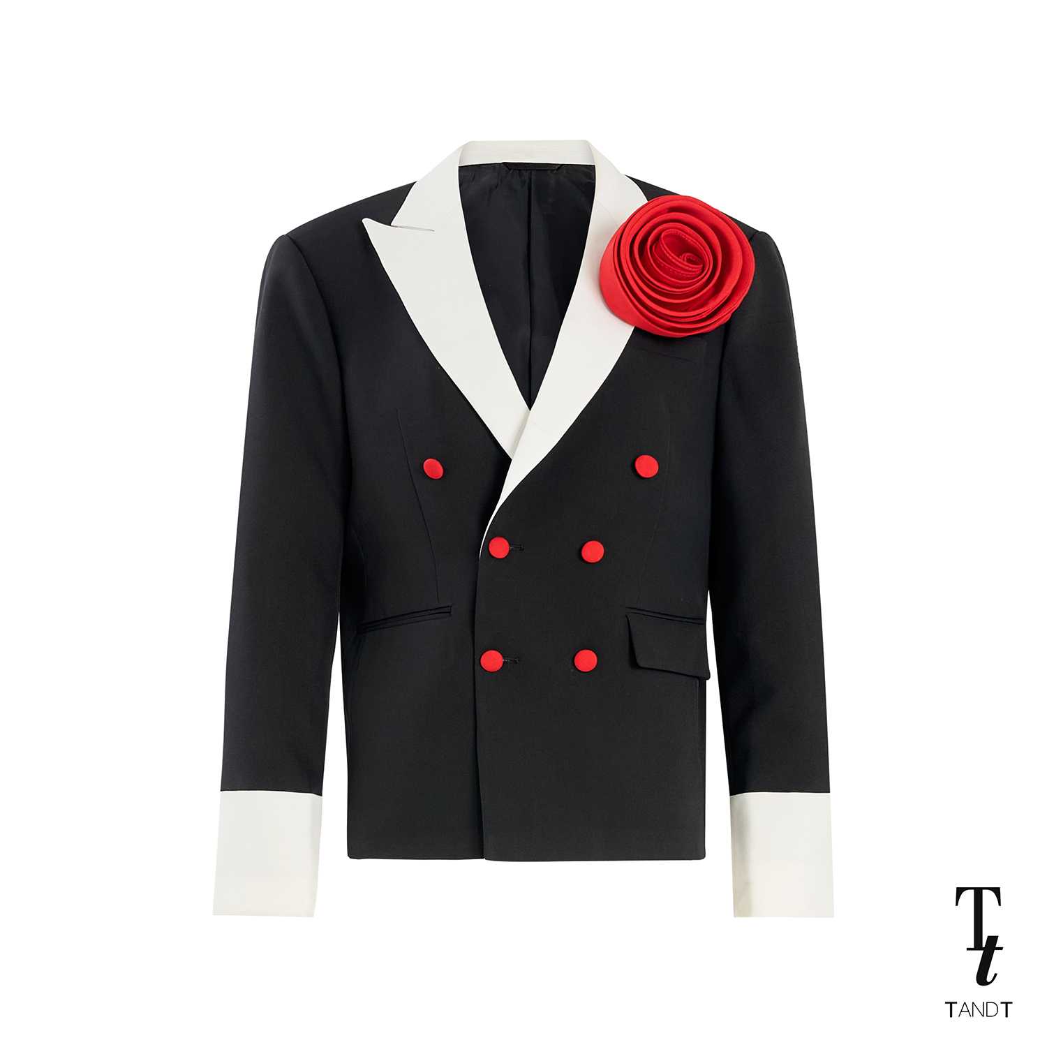 TandT - SHELTON BLACK AND WHITE BLAZER - ROSE HAND-CRAFTED PIN TWO-TONE DOUBLE BREASTED BLAZER