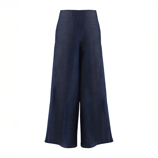 กางเกงขายาวเอวยางยืดด้านหลัง ผ้าลินิน 100%  สีกรม Navy Stretched Back Wide-Leg Long Pants