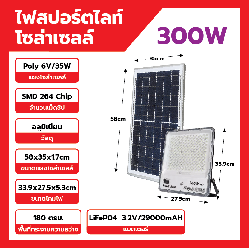 โคมไฟสปอร์ตไลท์โซล่าเซลล์   300W เลนส์ COB เพิ่มวงกว้างของแสง 2 เท่า พุ่งไกล สว่างทั้งคืน