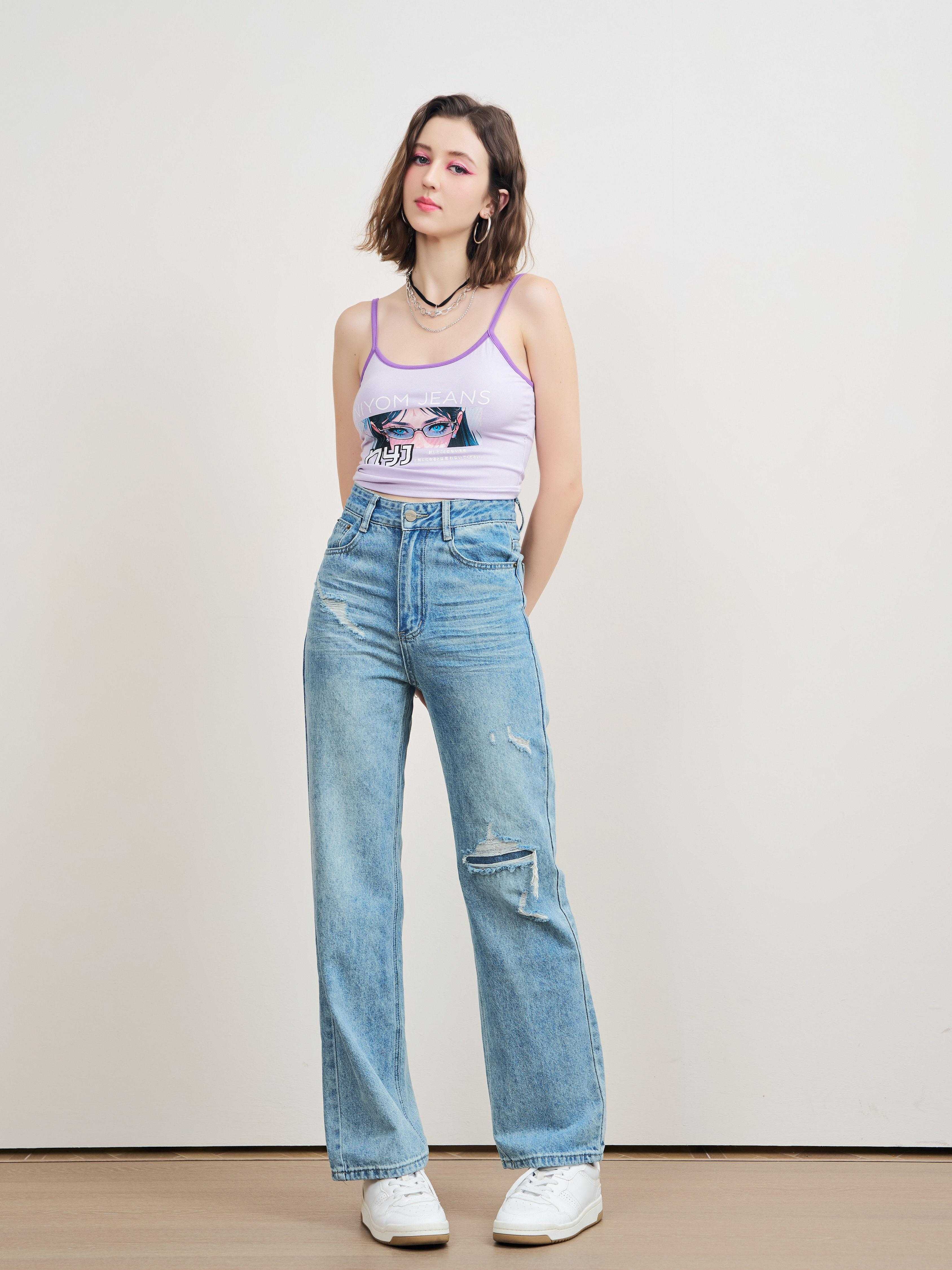 Niyom Jeans  :  รุ่น B292-1 กางเกงผู้หญิง ทรงกระบอกสียีนส์ แต่งขาด