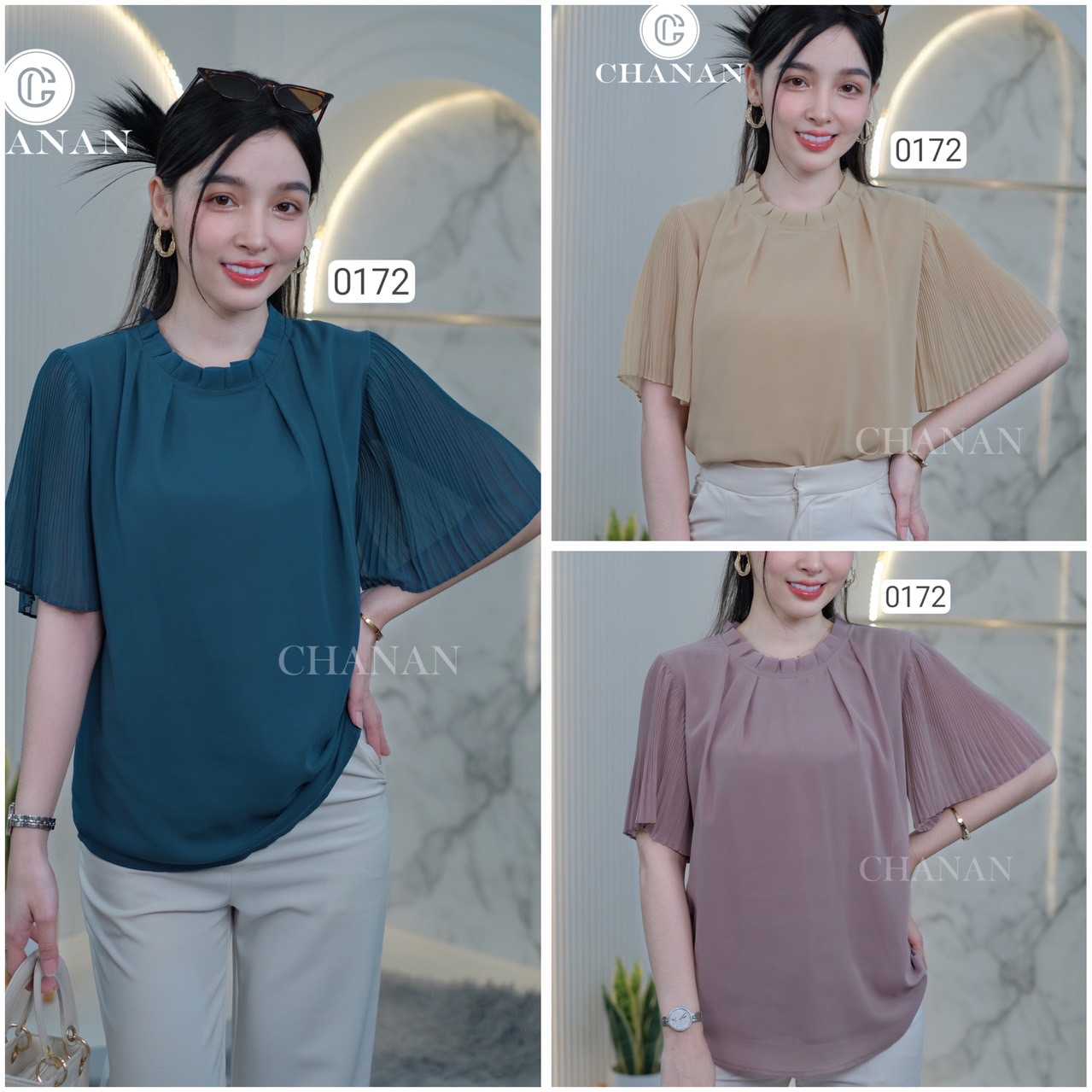 0172  เสื้อชีฟองชีฟองเนื้อทราย แขนระบายอัดพลีท มีซับในเกรดดี  3สี