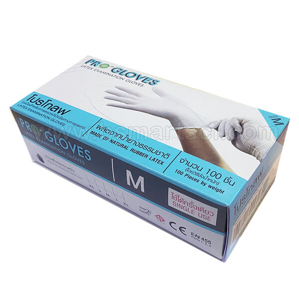 ถุงมือยาง มีแป้ง ไซส์ M 100ชิ้น/กล่อง ยี่ห้อ PROGLOVES