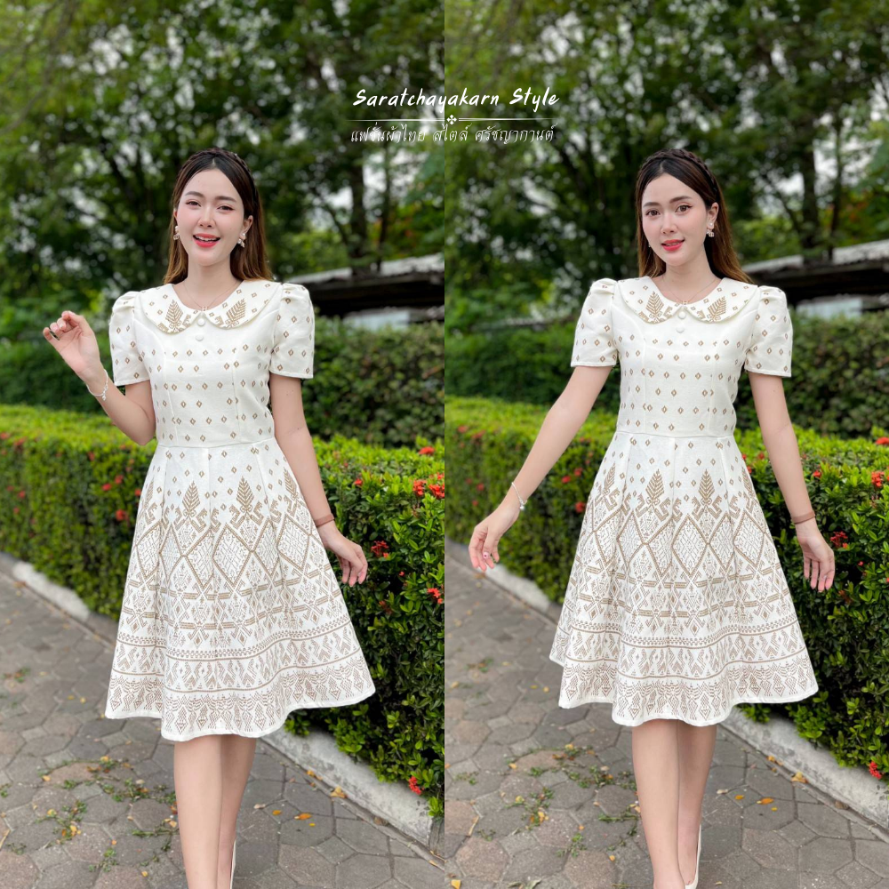 ชุดเดรสผ้าฝ้ายพิมพ์ลาย สีขาว คอบัว กระโปรงทรงบานย้วย 8 ชิ้น ใส่ซิปซ่อนด้านหลัง