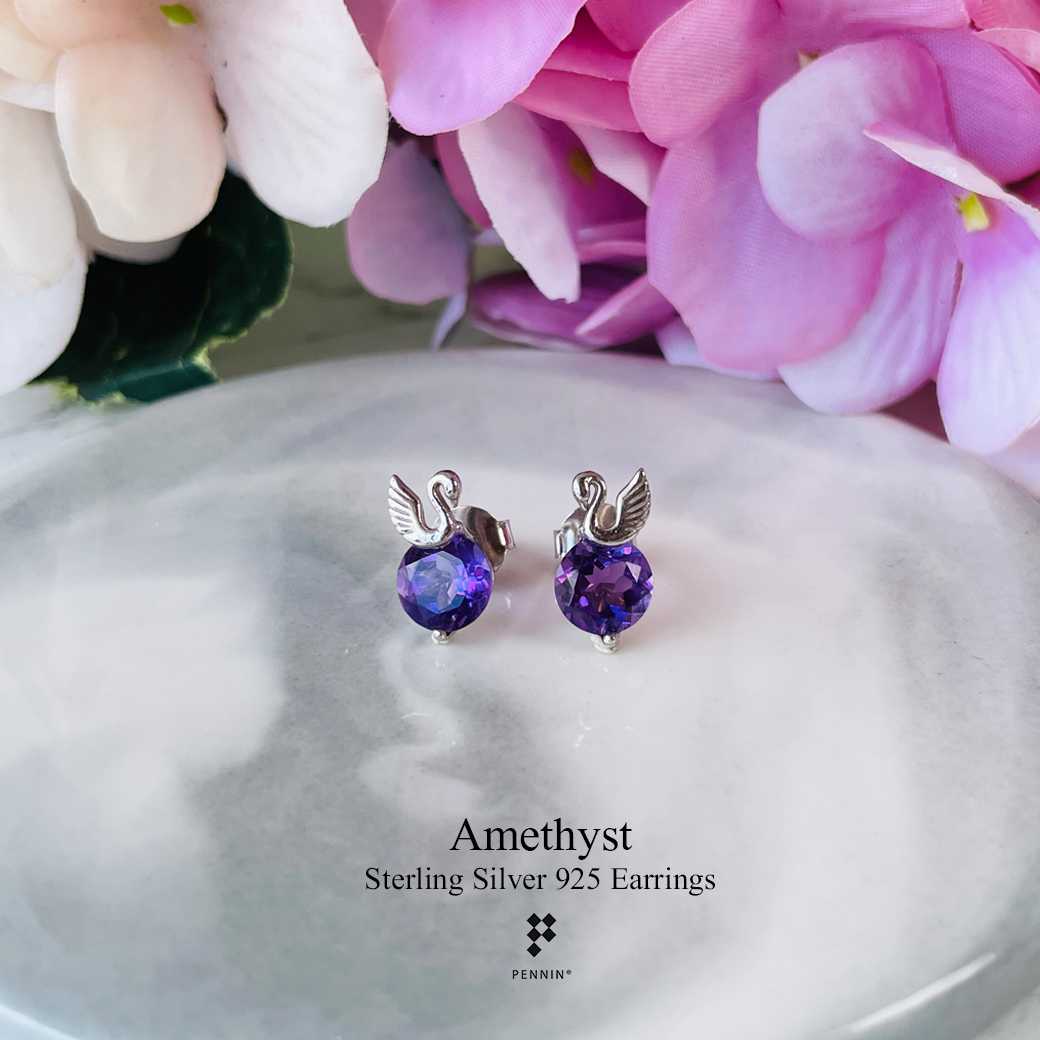 E28730 ต่างหูรูปหงส์พลอยอเมทิสต์ (Amethyst) กลมเม็ดเดี่ยว 7mm สีม่วงหวาน เสริมความรัก สุขภาพ