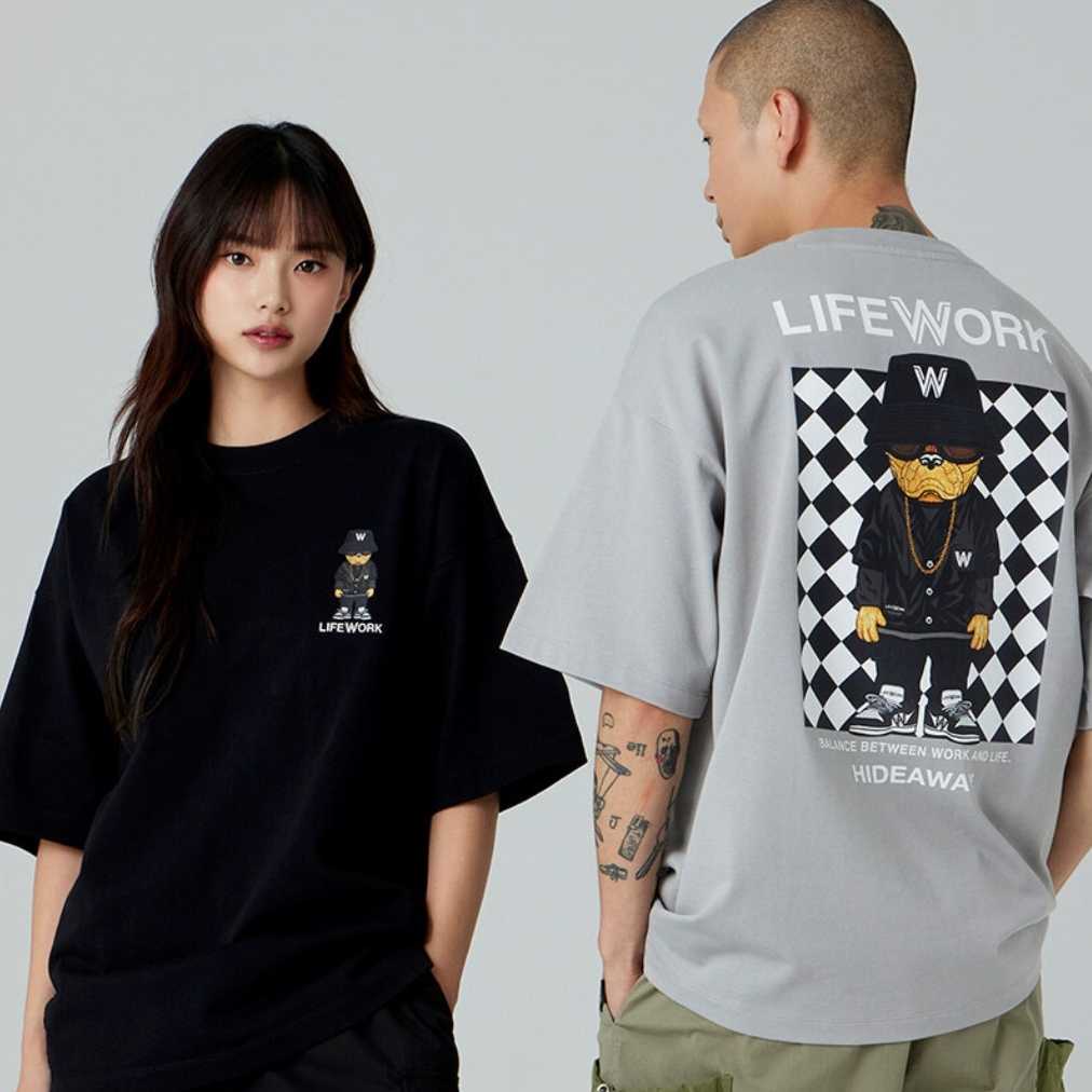 LIFEWORK Checkerboard Hipdog T-Shirt  เสื้อยืด โลโก้หมา ลายตาราง สีขาว สีดำ สีเทา