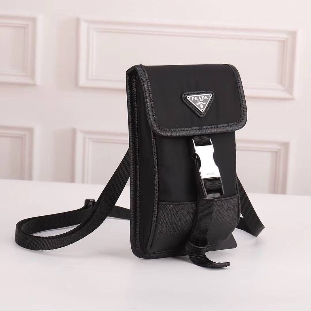 PRADA BLACK NYLON AND SAFFIANO LEATHER SMARTPHONE CASE CROSSBODY BAG