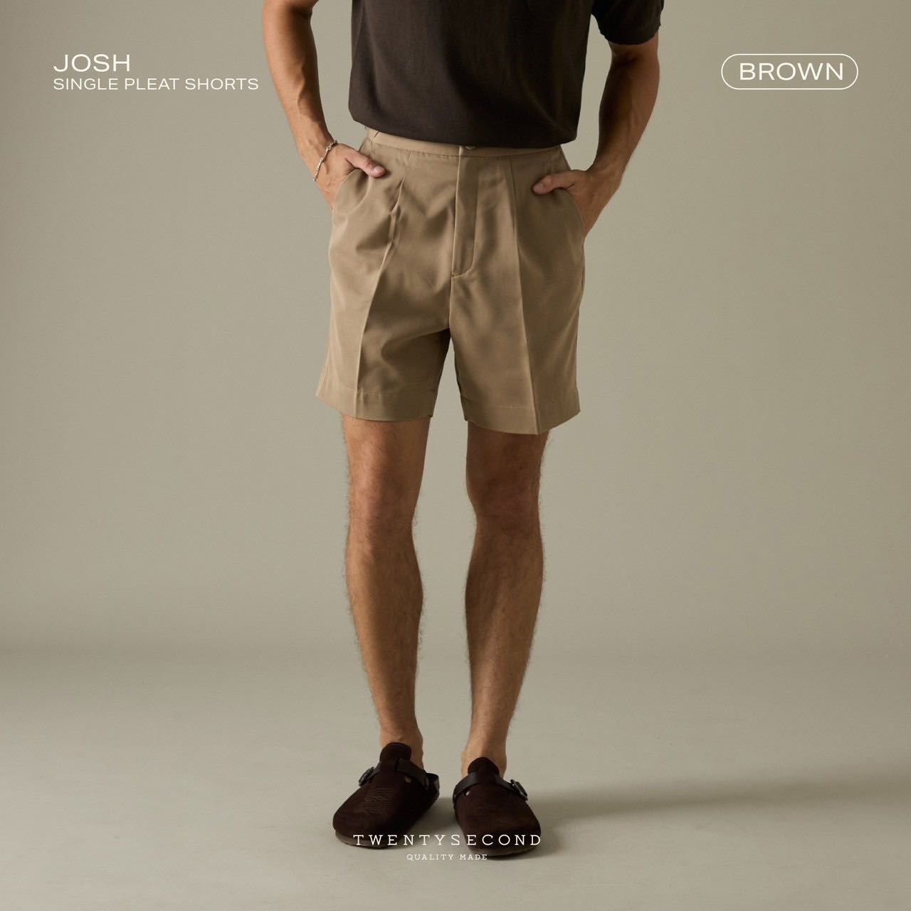 JOSH SINGLE PLEAT SHORTS - BROWN 