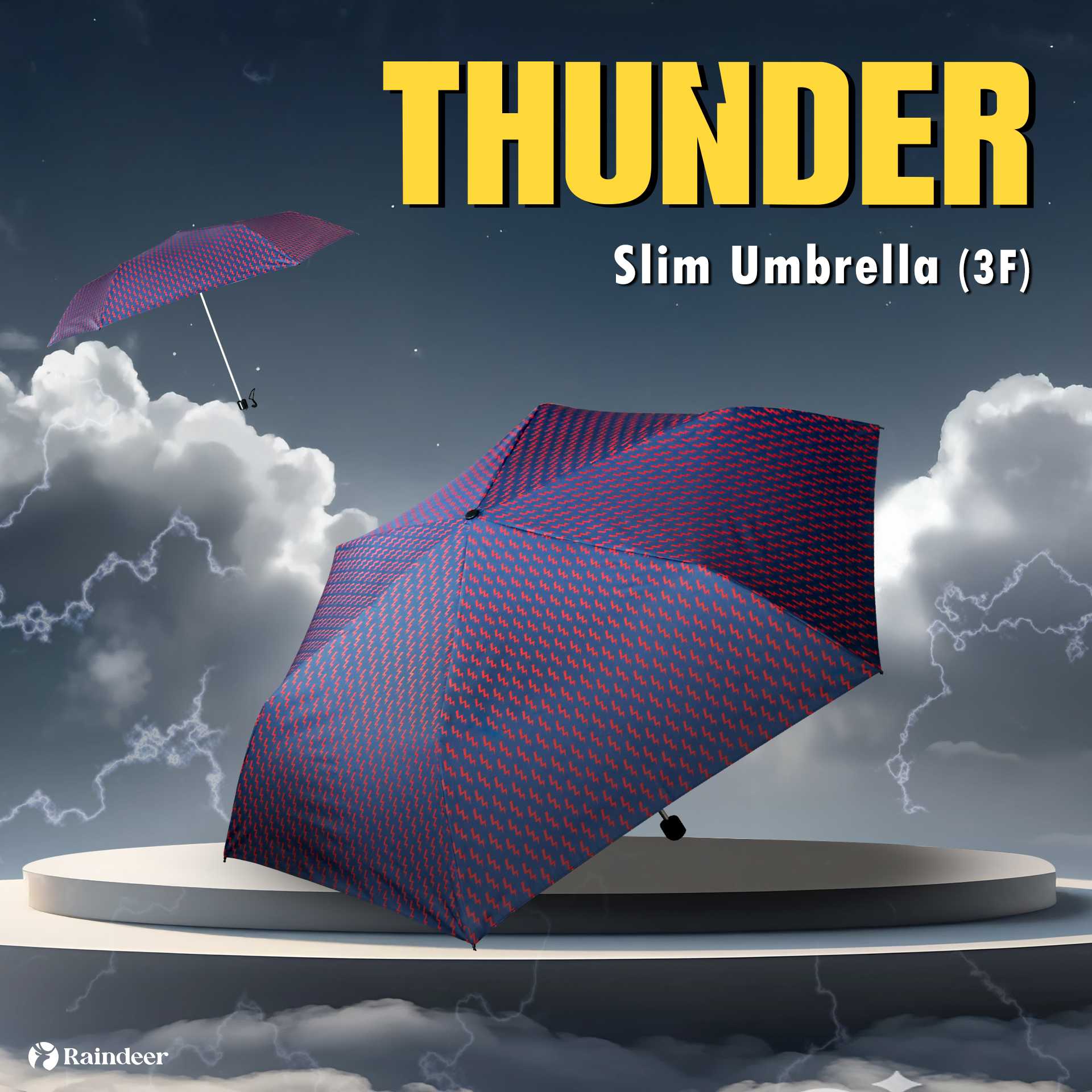 Raindeer ร่มพับ 3 ตอนปากกา กันUV ลาย Thunder (UVดำ)  กันUV พกพาสะดวก ร่มพับเล็ก