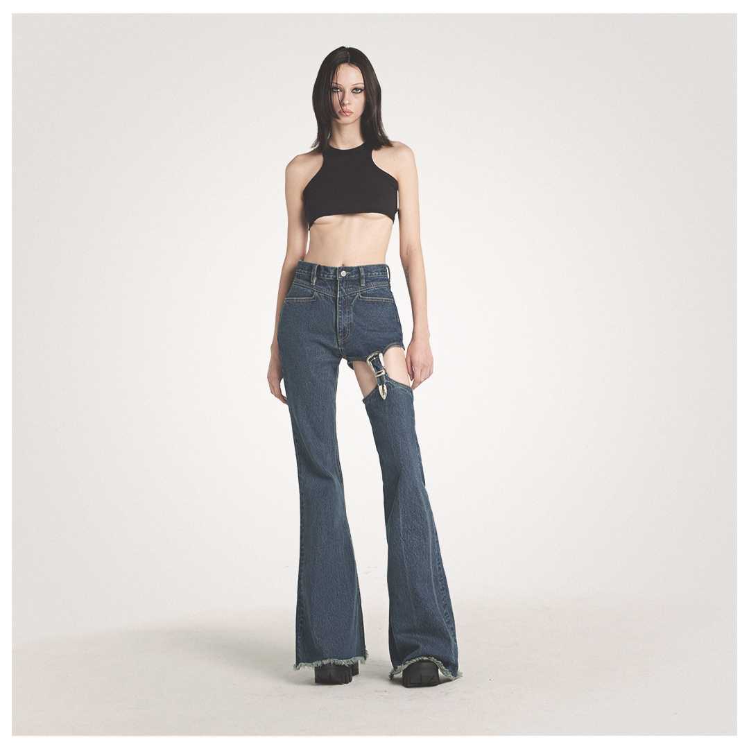 GIGI  High waist thigh western belt flare denim