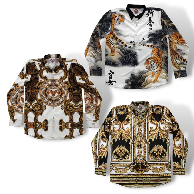 เสื้อเชิ้ตแขนยาวปกเชิ้ตลายแฟชั่น ผ้าPremium Grade ต่อลายเป๊ะพิมพ์เต็มหน้าหลัง ส่งฟรี