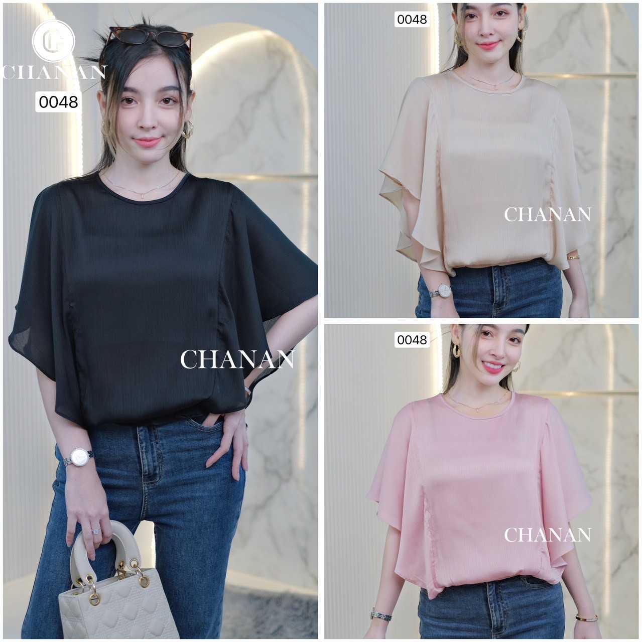 0048 เสื้อชีฟอง แขนระบาย มีซับใน ทรงสวย