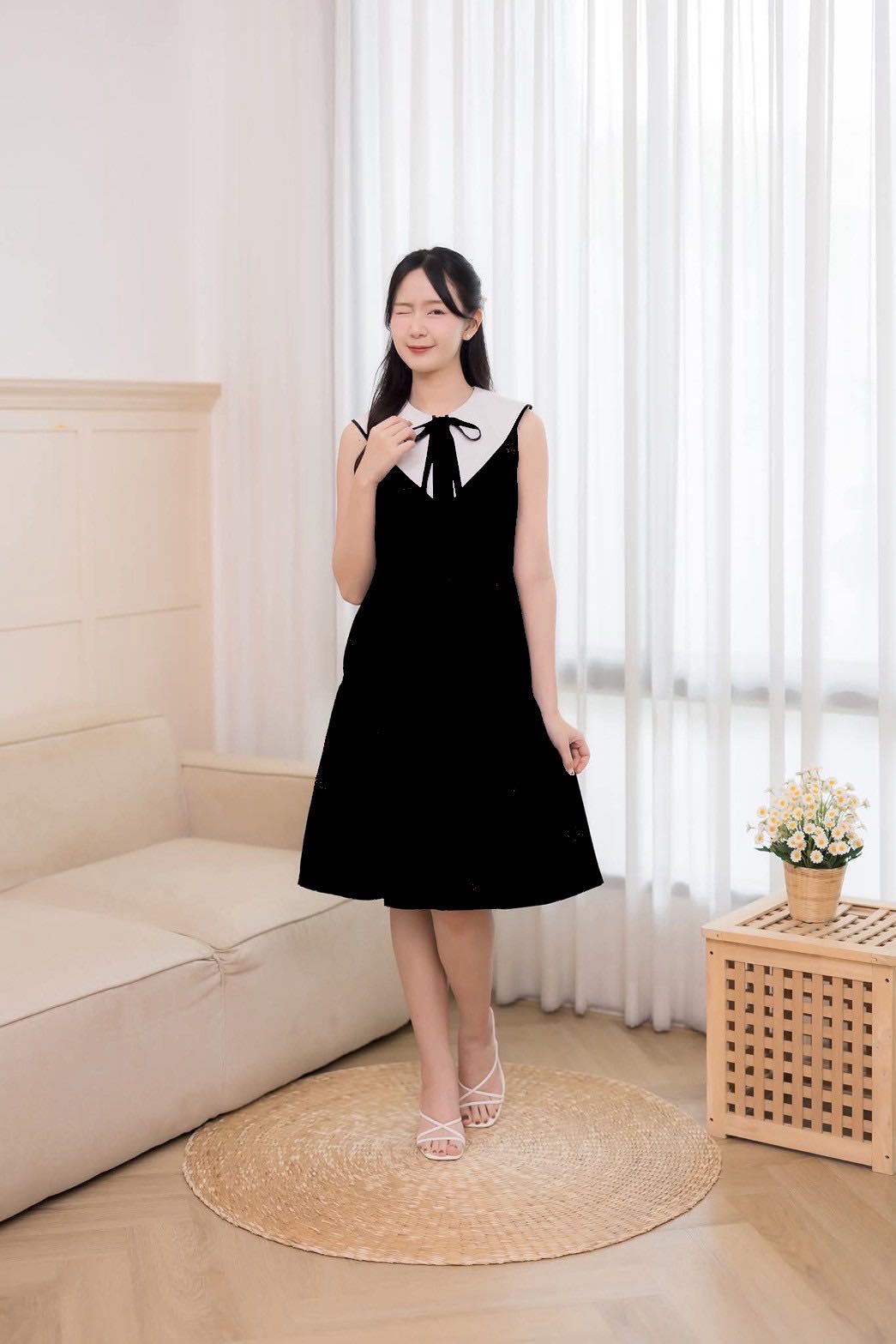 ชุดให้นม Black bow ruffle dress