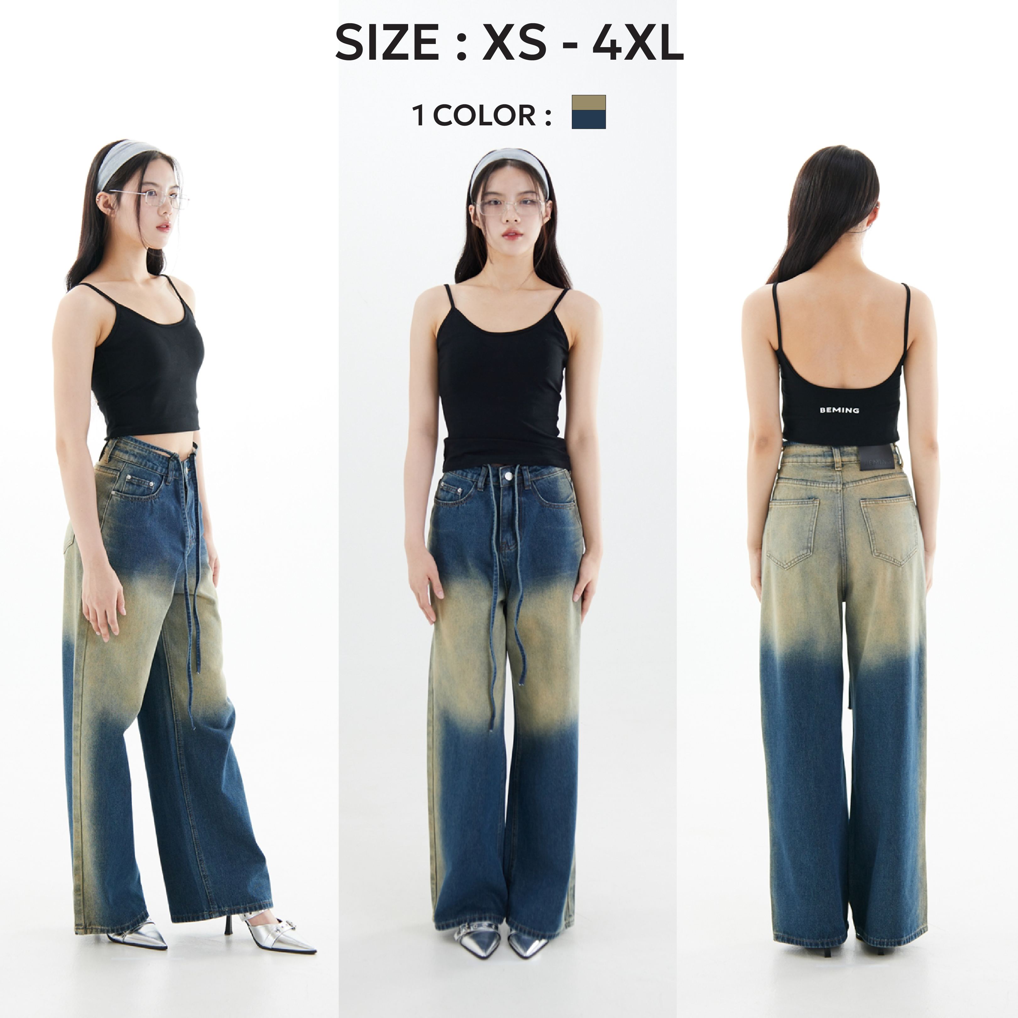 Bemingjeans007(XS-4XL) - Trixie jeans กางเกงยีนส์ทรงกระบอกใหญ่ ดีเทลหูคล้องสายที่ขอบเอว
