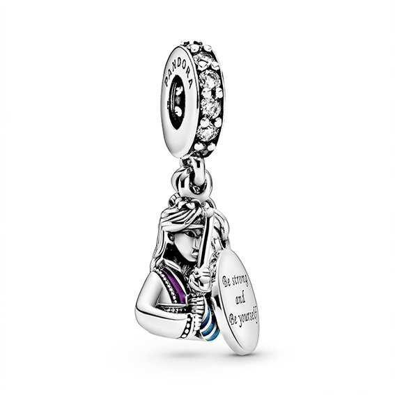 Disney Mulan Sterling Silver Dangle with Clear Cubic Zirconia, Purple and Green Enamel