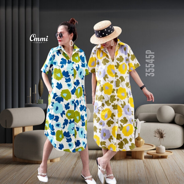 Ommishop 35545P ชุดเดรสแฟชั่น ปกเชิ้ตแขนสั้นชายโค้ง ลายดอกอัญชัญ Cotton Japan 100% (Bonus)[35545]