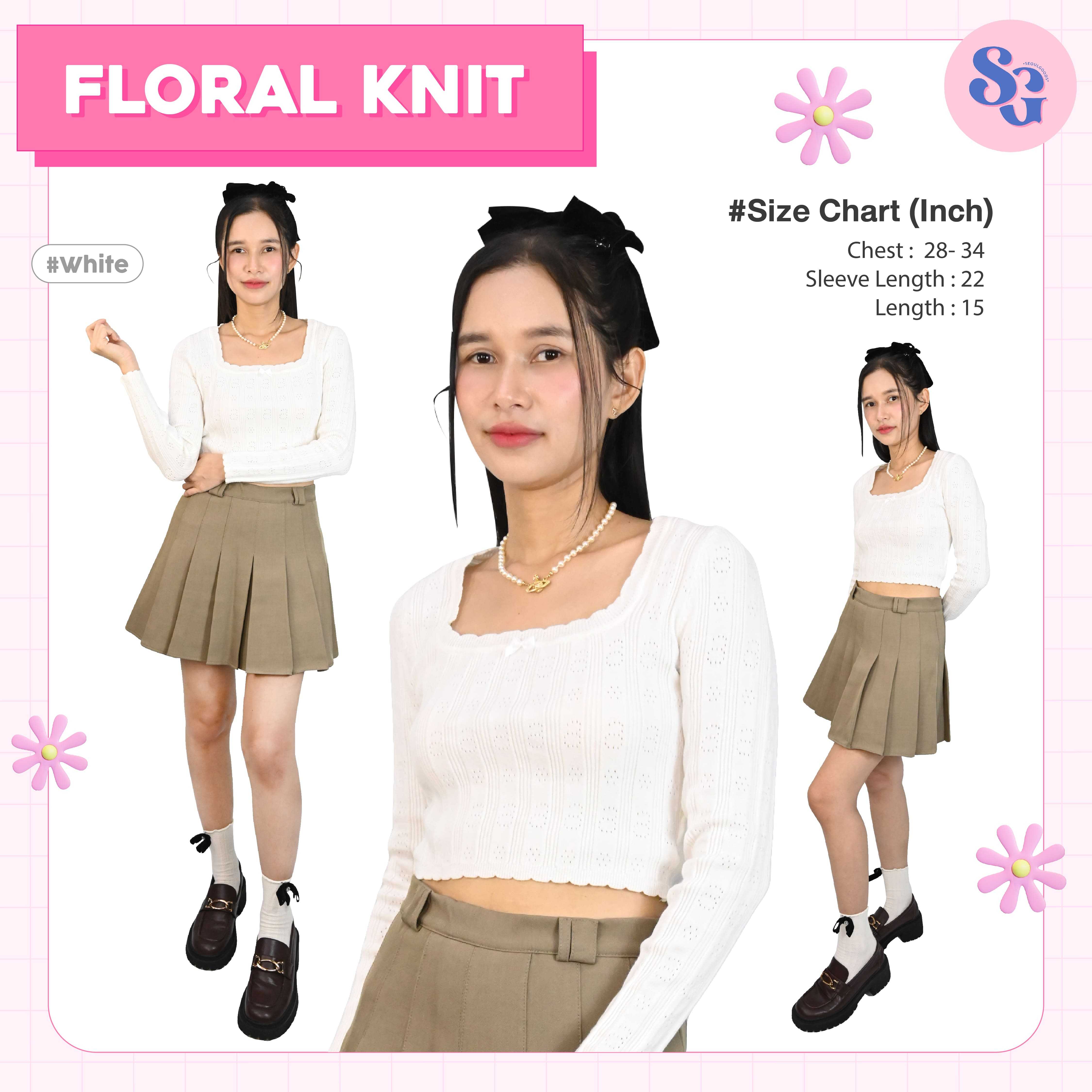 (พร้อมส่ง) Floral knit เสื้อครอปแขนยาวแต่งโบว์