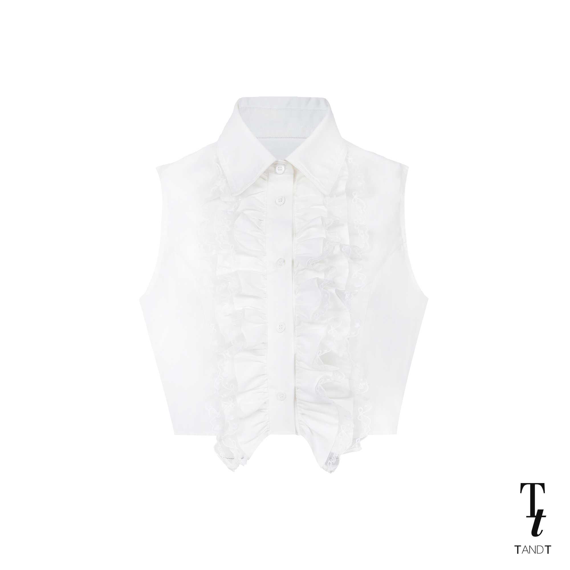 RAYSHELL - RUFFLE FRONT LACE TRIMMED SLEEVELESS CROP SHIRT