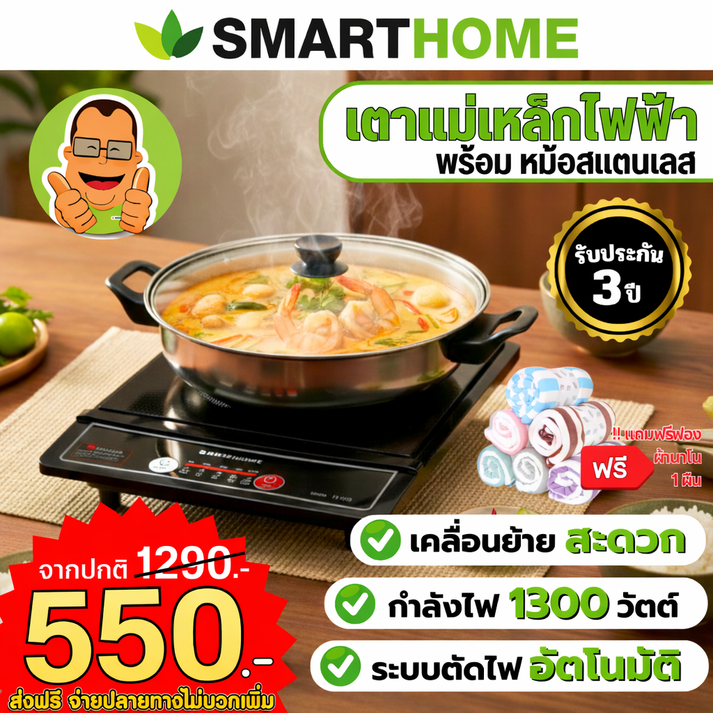 เตาแม่เหล็กไฟฟ้า พร้อมหม้อสแตนเลสฝาแก้ว