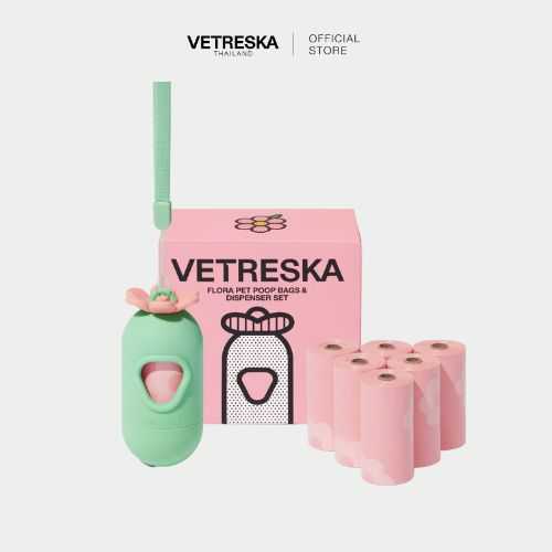 VETRESKA  Flora Pet  P o o p Bags & Dispenser Set (1 Dispenser + 7 Rolls)