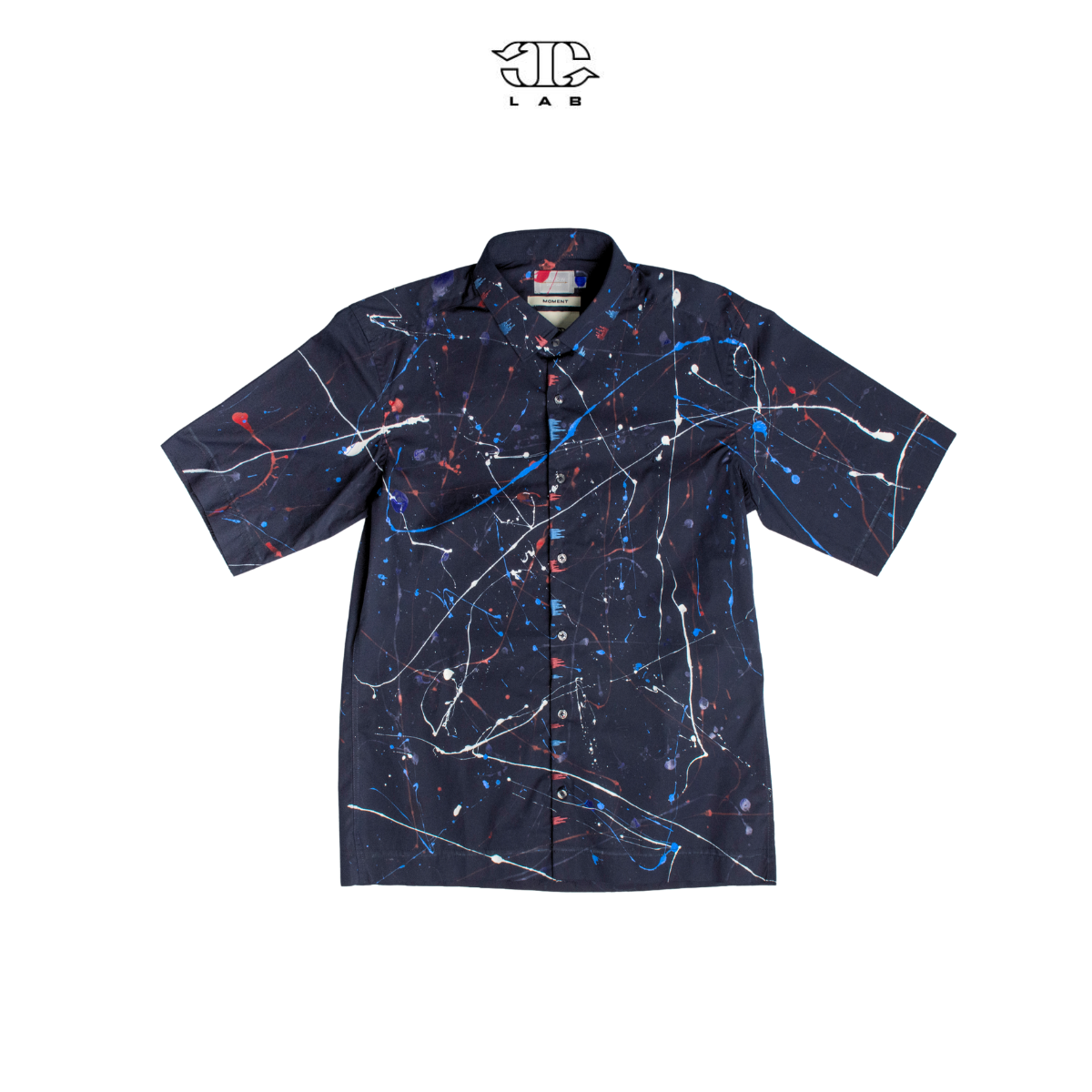 'Kate C' Shortsleeve paint splatter shirt with hand embroidery (Navy Blue)