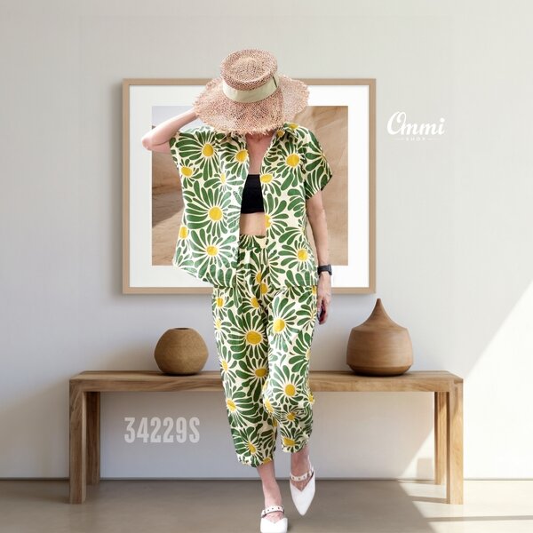 Ommishop 34229S ชุดเซ็ท เสื้อคอปก และกางเกงขาจีบ ลายดอกทานตะวัน Cotton Japan 100% (Bonus)[34229]