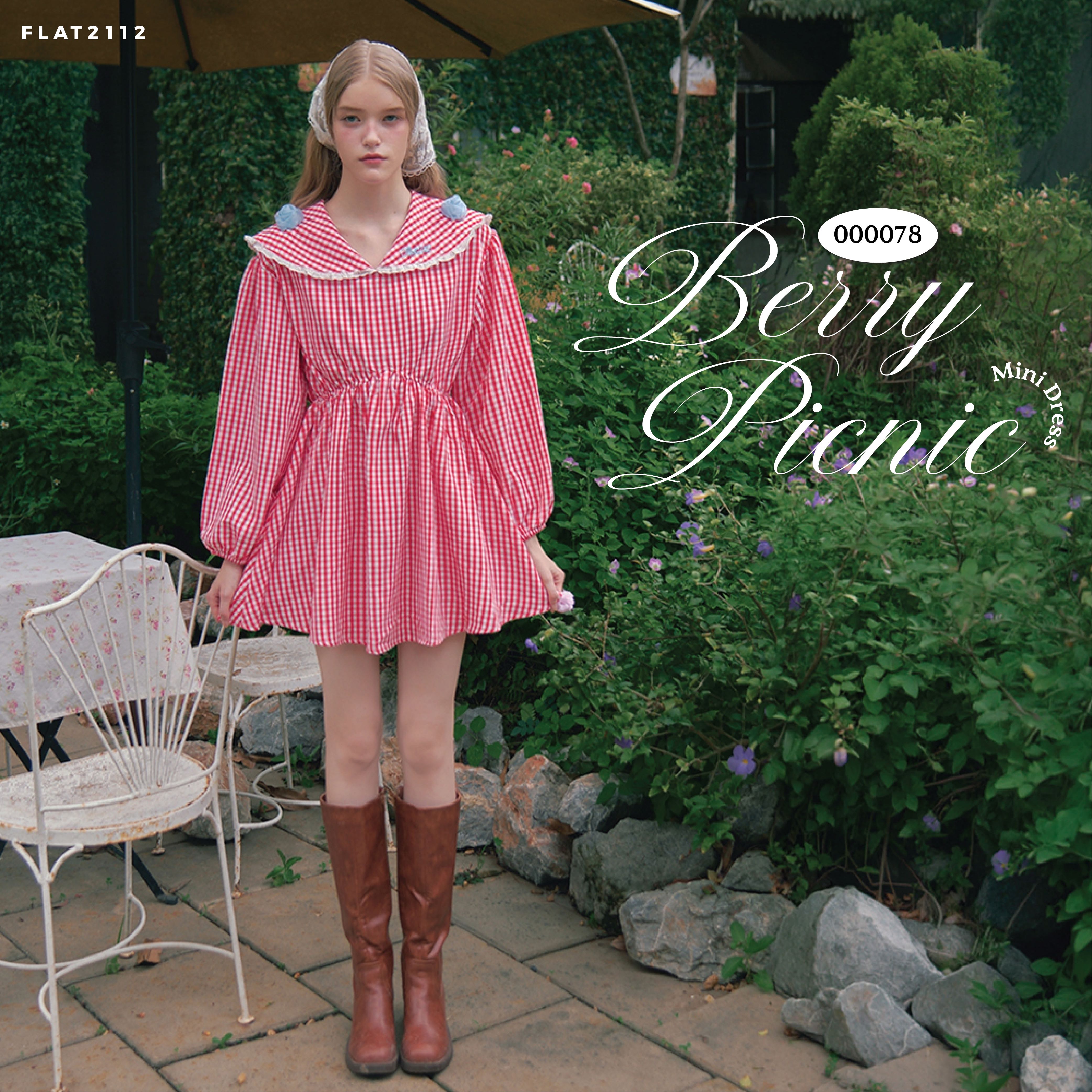 FLAT2112 : BERRY PICNIC MINI DRESS เดรสสั้นลายตาราง เดรสลายสก็อต เดรสลายตารางแดง (000078)