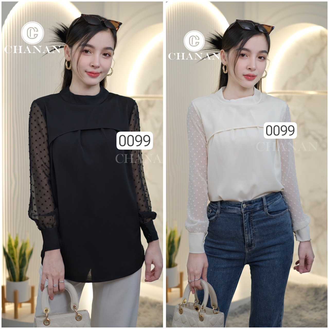 0099 เสื้อผ้าชีฟอง แขนยาว ดีเทลแขนลายจุดสวยมาก ผ้านิ่ม ใส่สบาย มี2สี