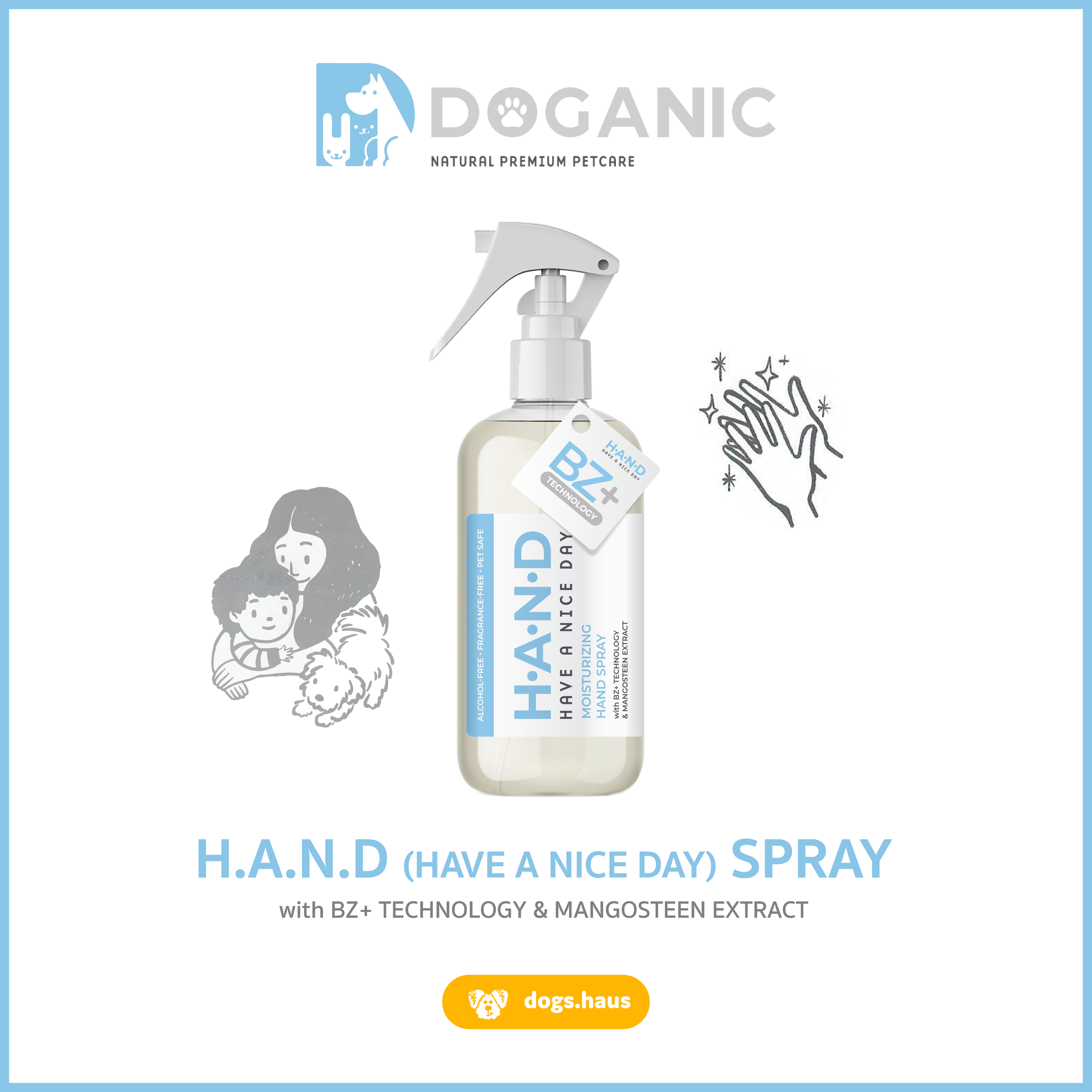 DOGANIC H.A.N.D Have a Nice Day SPRAY สเปรย์ฆ่าเชื้อไวรัส และแบคทีเรีย ทำความสะอาด dogshaus.bkk