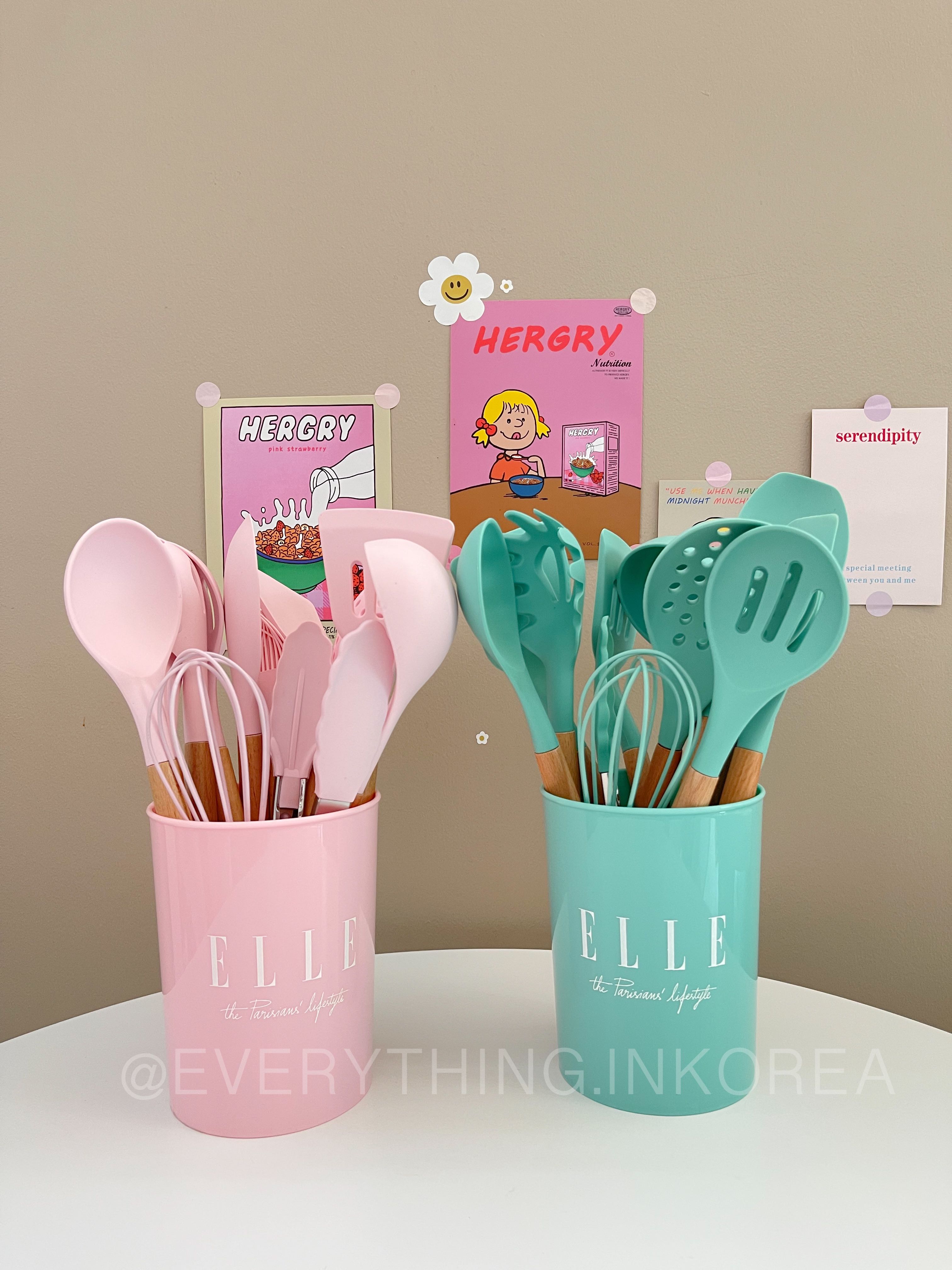 ELLE kitchens Home collection  เซ็ทตะหลิวสิริโคนด้ามจับเป็นไม้นะคะ+ถังจัดเก็บ