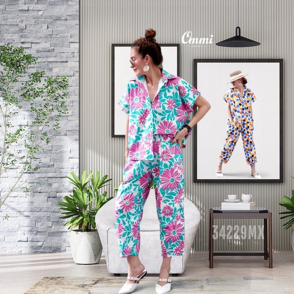 Ommishop 34229MX ชุดเซ็ท เสื้อคอปก และกางเกงขาจีบ ลายดอก MIX Cotton Japan 100% (Bonus)[34229]