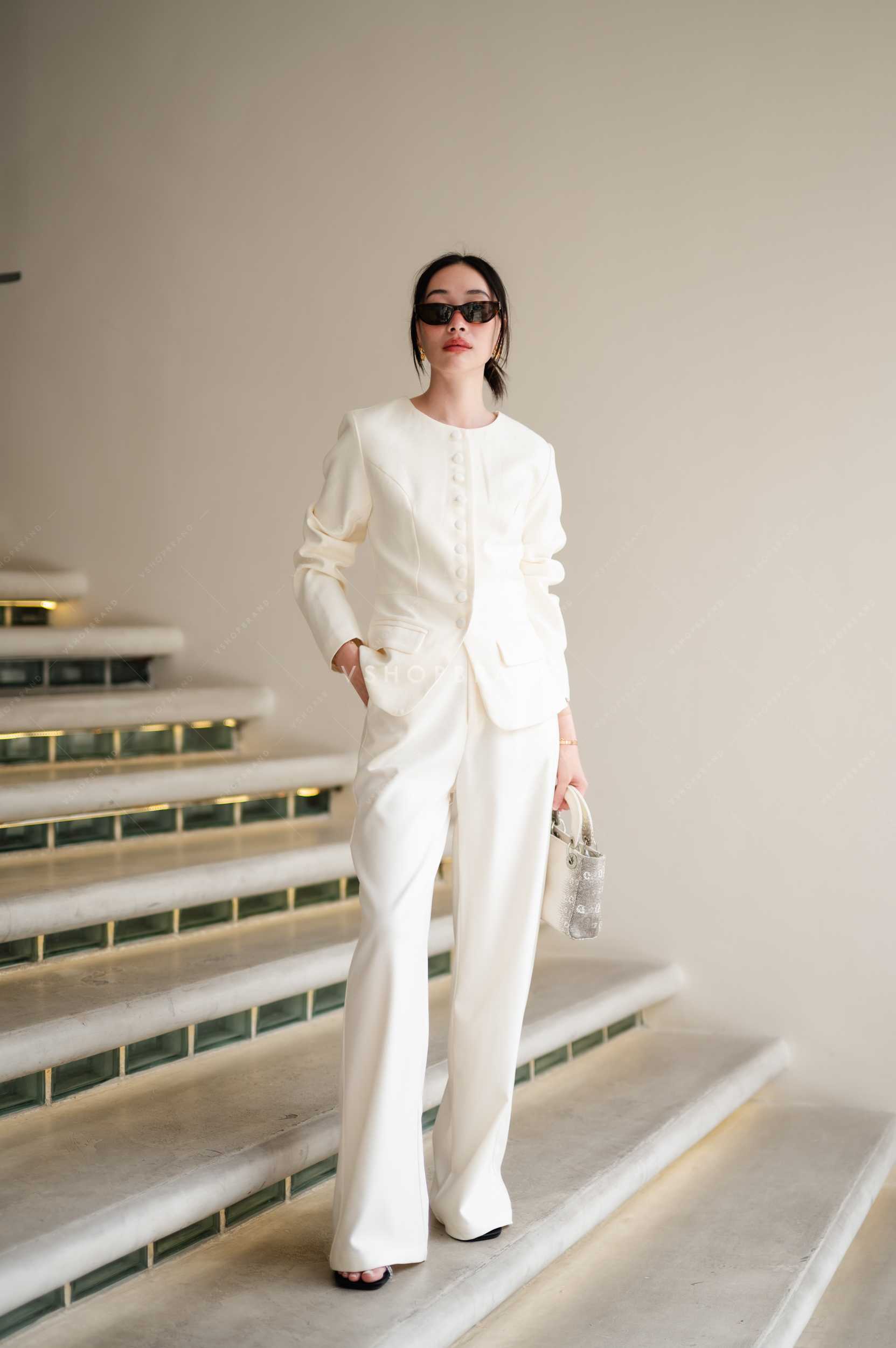 Set เสื้อแขนยาวทรงสูทกระดุมหน้า + กก.ขายาว