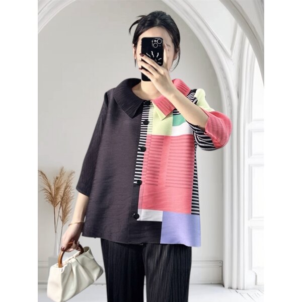 ปรับราคาลง!! 2MUAY PP62889 เสื้อพลีทคุณภาพ COLOR BLOCK COLLAR BUTTON FRONT PLEATED TOP 4 สี FREE ...