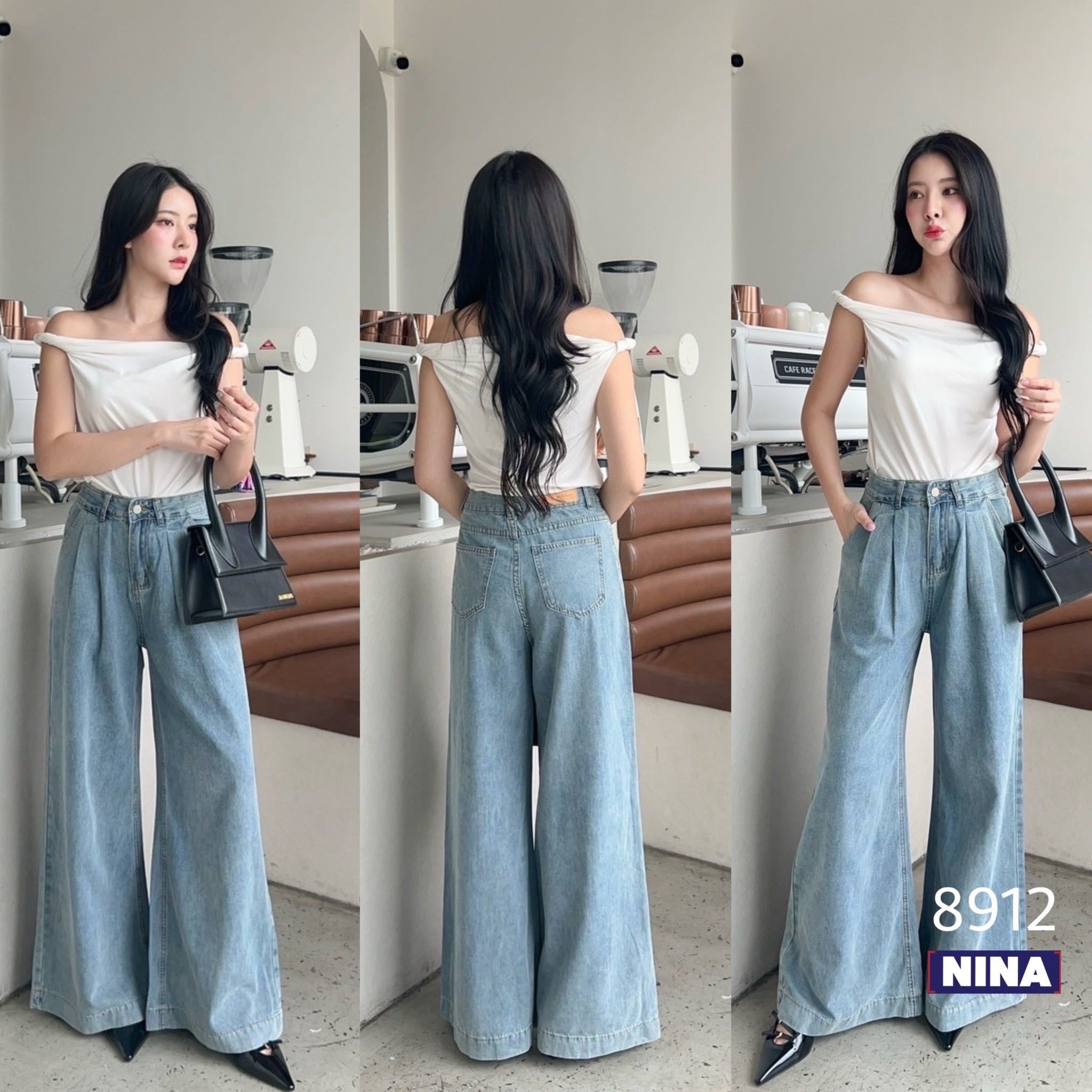 ￼กางเกงยีนส์ขายาว ทรงขาบาน แต่งเย็บจีบด้านหน้า ผ้าไม่ยืด NN8912