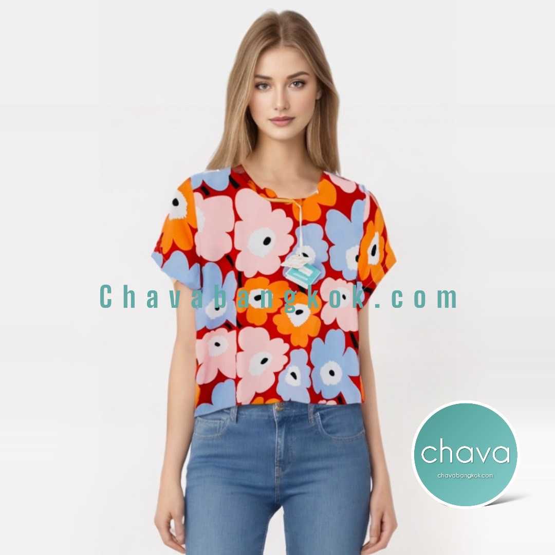 NEW!! เสื้อ Top / BLOUSE  (สีแดง) คอกลม ลายดอกไม้มาลิเมกโกะหลากสี