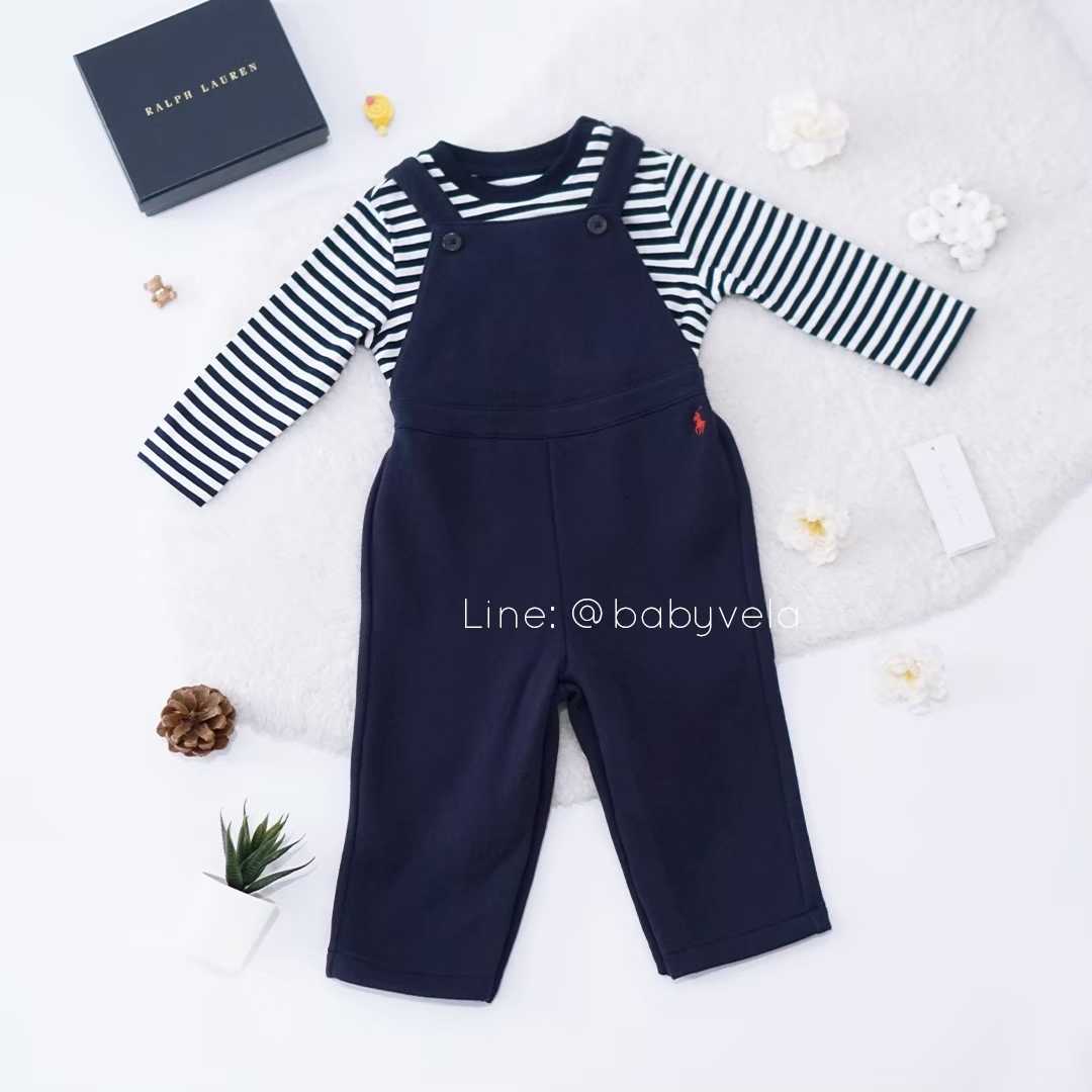 Striped Jersey Tee & Fleece Overall Set (Navy White)