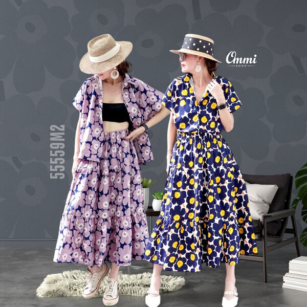 Ommishop 55559M2 ชุดเซ็ท เสื้อคอปกเชิ้ต และกระโปรงชั้น ๆ ลายดอก Mari มารีเมกโกะ Cotton Japan 100%...